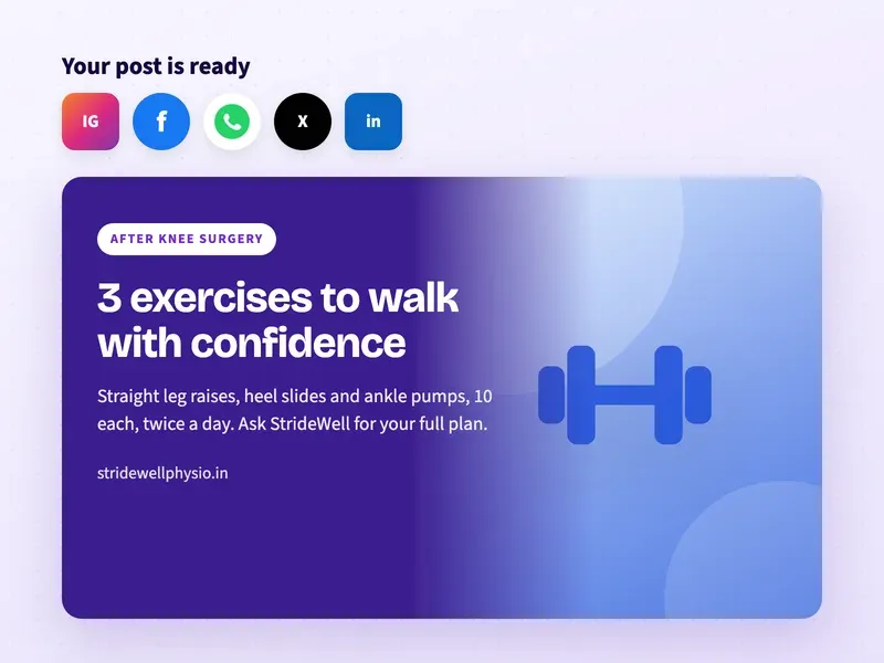 A ready social media post for a physiotherapy clinic with knee strengthening exercises after surgery
