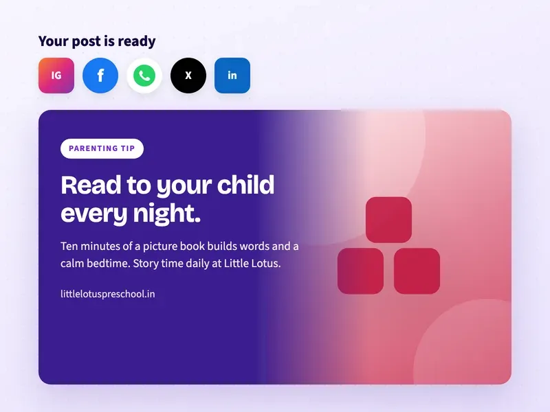 A ready social media post for a preschool about reading to children at bedtime