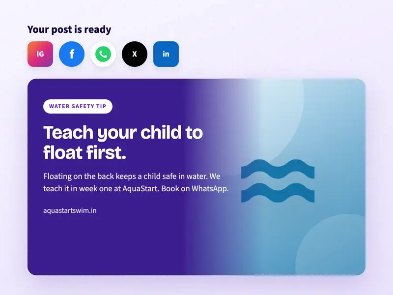 A ready social media post for a swimming school about water safety for children