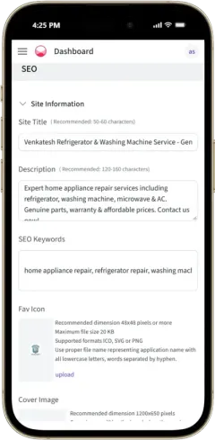 SEO tools for website: site title, description and keywords in the dashboard