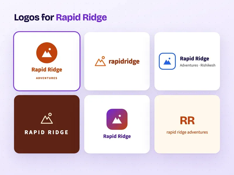 Six logo designs for an adventure tour company called Rapid Ridge Adventures