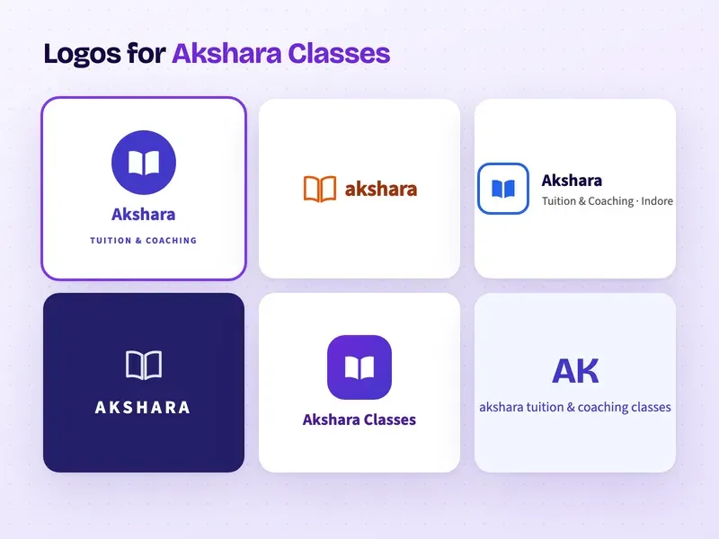 Six logo designs for a coaching centre called Akshara Classes