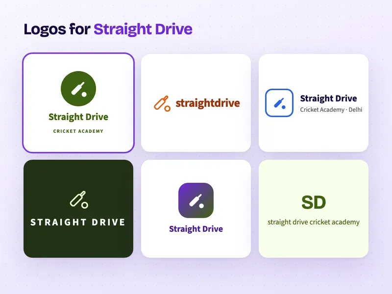 Six logo designs for a cricket academy called Straight Drive