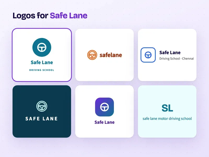 Six logo designs for a driving school called Safe Lane