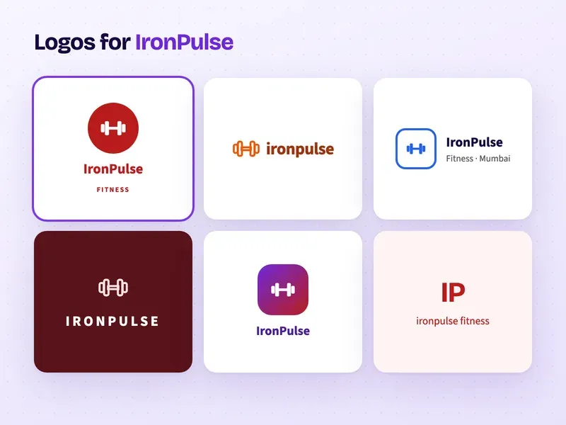 Six logo designs for a gym called IronPulse Fitness