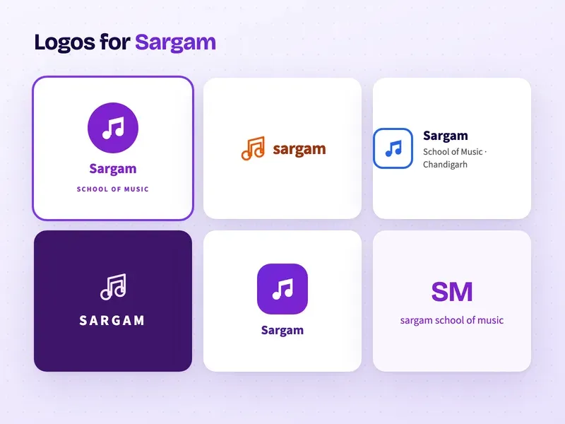 Six logo designs for a music school called Sargam