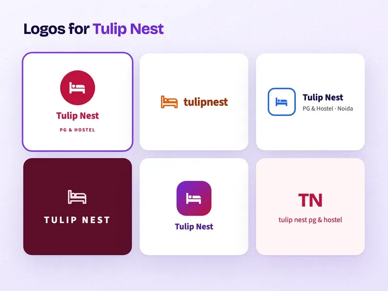 Six logo designs for a PG and hostel called Tulip Nest