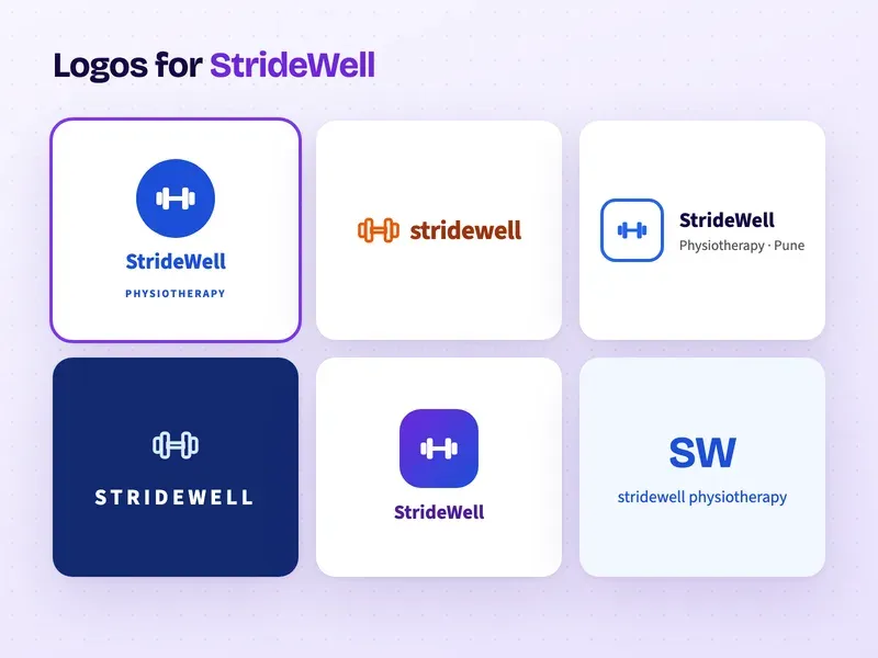 Six logo designs for a physiotherapy clinic called StrideWell Physiotherapy