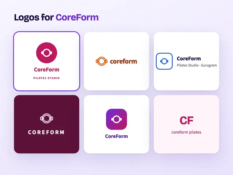 Six logo designs for a Pilates studio called CoreForm Pilates