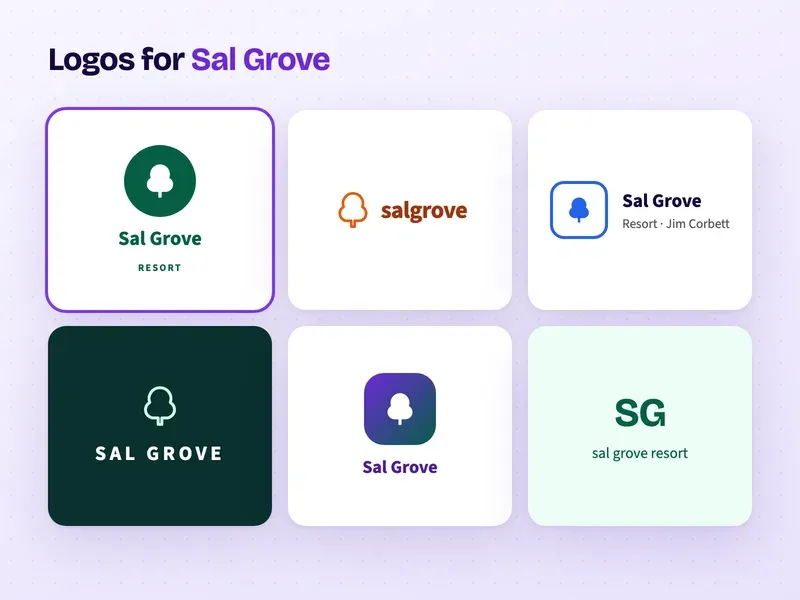 Six logo designs for a resort called Sal Grove Resort