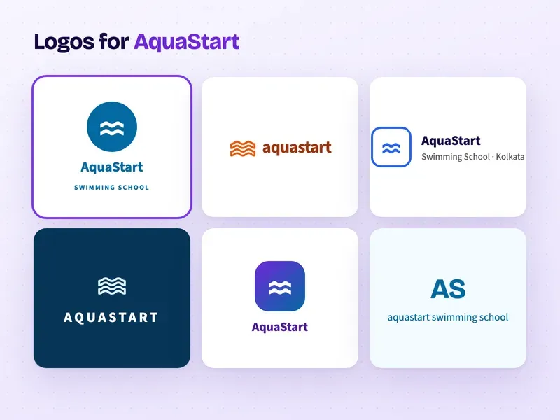 Six logo designs for a swimming school called AquaStart