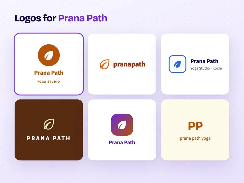 Six logo designs for a yoga studio called Prana Path Yoga