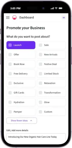 Social media post maker showing post ideas for a salon: Launch, Sale, Offer, Festive Deal and Custom