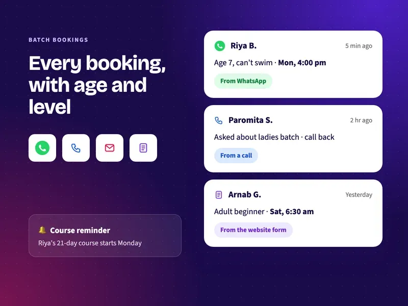 Swimming batch bookings and enquiries from WhatsApp, calls and forms in one list, with a course start reminder