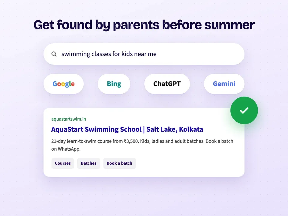 A swimming school showing up for "swimming classes for kids near me" on Google, Bing, ChatGPT and Gemini