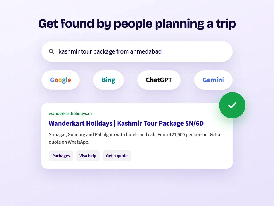 A travel agency showing up for "kashmir tour package from ahmedabad" on Google, Bing, ChatGPT and Gemini