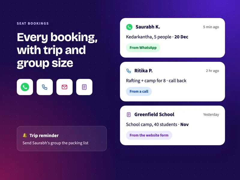 Trek, rafting and school camp seat bookings with group size from WhatsApp, calls and forms in one list