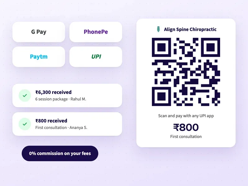 A UPI QR code for a chiropractic consultation fee, with a payment received for a 6 session package