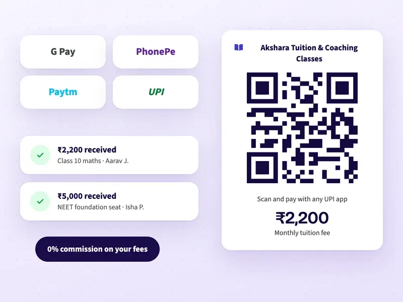 A UPI QR code for a monthly tuition fee, with payments received for a Class 10 batch and a NEET foundation course