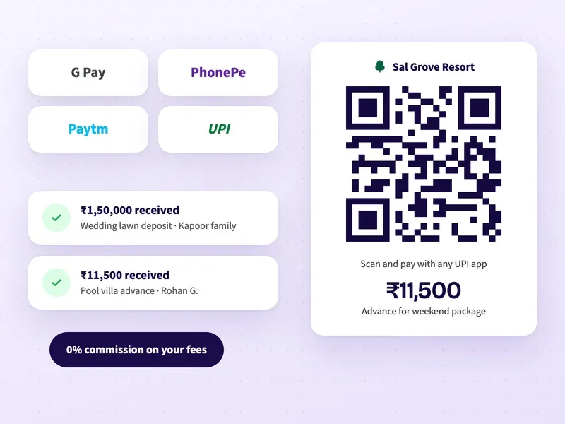 A UPI QR code for a resort weekend package advance, with a wedding lawn deposit and a pool villa advance received