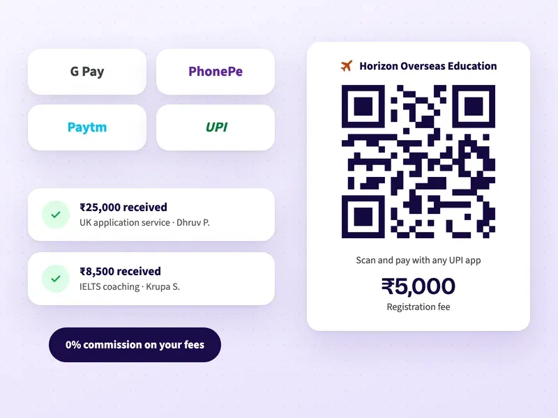 A UPI QR code for a study abroad registration fee, with payments received for a UK application and an IELTS course