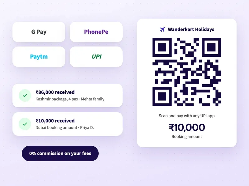 A UPI QR code for a tour package booking amount, with payments received for Kashmir and Dubai packages