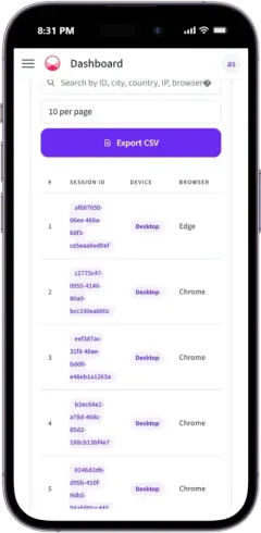 Visit log with search, device and browser, and an Export CSV button