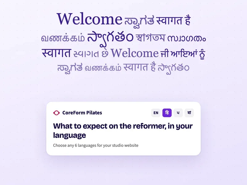 Welcome in many Indian languages above a Pilates studio website with a language switcher