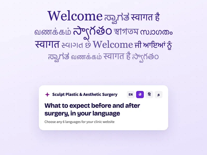 Welcome in many Indian languages above a plastic surgery clinic website with a language switcher