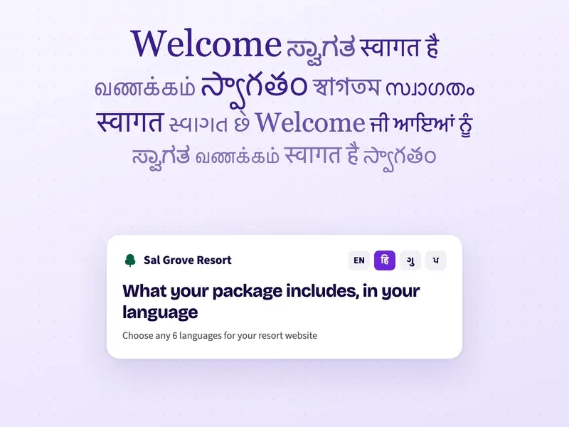 Welcome in many Indian languages above a resort website with a Hindi, Gujarati and Punjabi language switcher