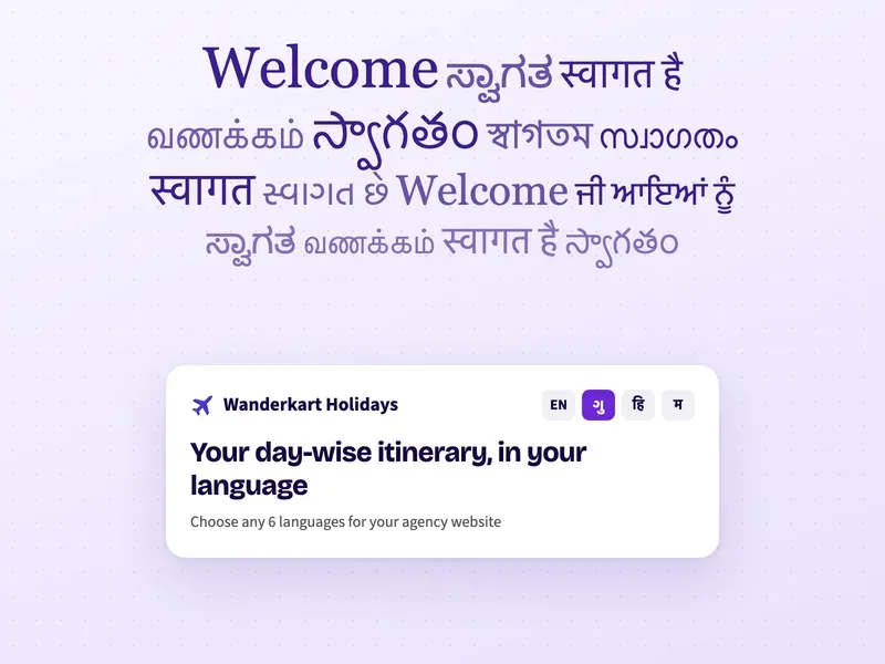 Welcome in many Indian languages above a travel agency website with a Gujarati, Hindi and Marathi language switcher