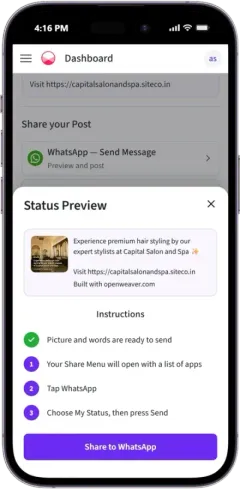 WhatsApp business post preview with simple steps to post to Status