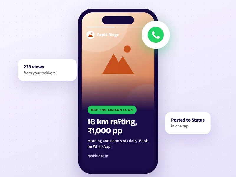 A WhatsApp Status post for an adventure tour company saying rafting season is on, with the price per person