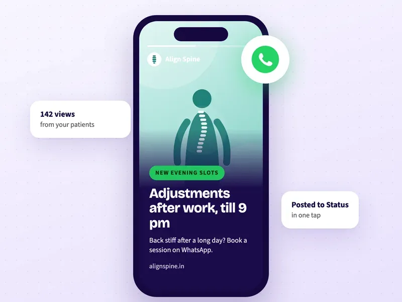 A WhatsApp Status post for a chiropractic clinic with new evening slots