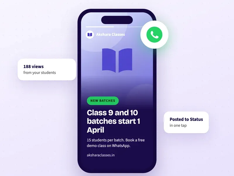 A WhatsApp Status post for a coaching centre announcing new Class 9 and 10 batches