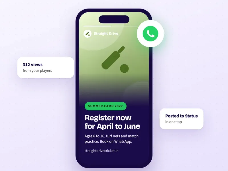 A WhatsApp Status post for a cricket academy with summer camp registrations open