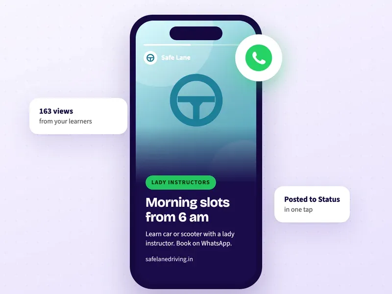 A WhatsApp Status post for a driving school with lady instructors and morning slots