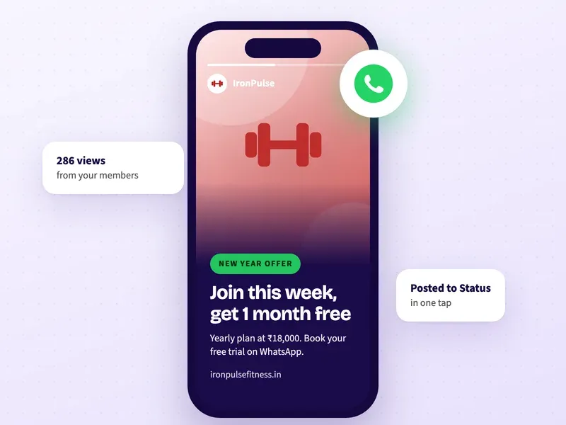 A WhatsApp Status post for a gym with a New Year joining offer