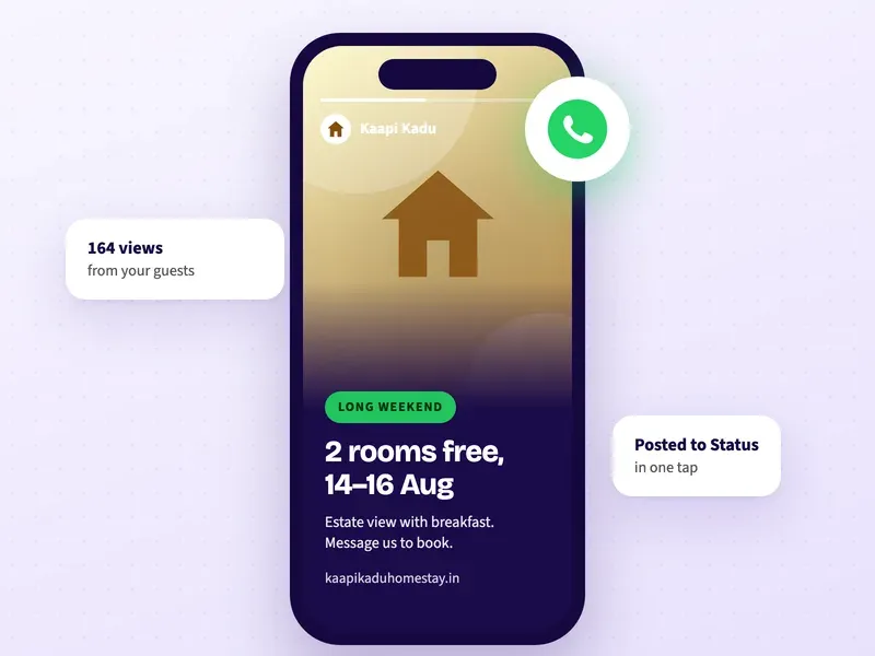 A WhatsApp Status post for a homestay with 2 rooms free on a long weekend