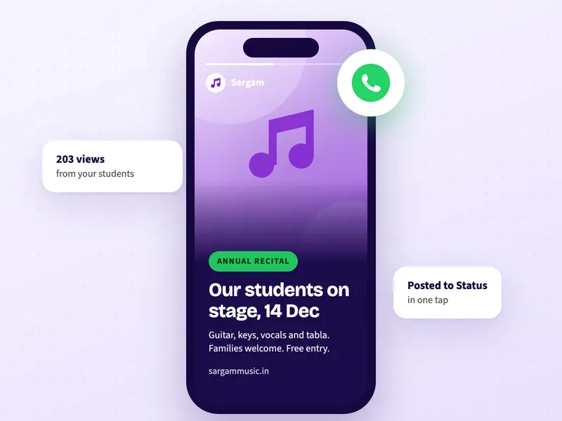 A WhatsApp Status post for a music school inviting families to its annual recital