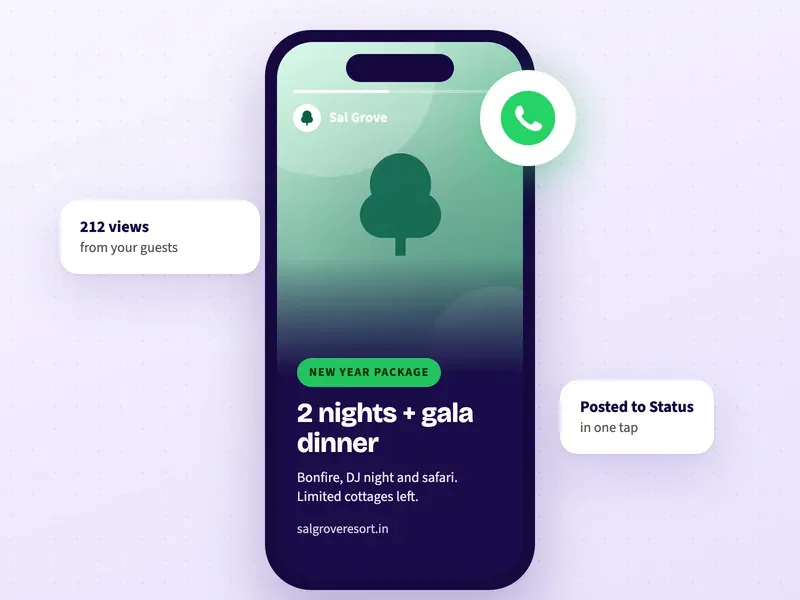 A WhatsApp Status post for a resort with a New Year package and gala dinner