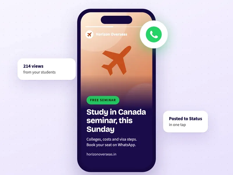 A WhatsApp Status post for a study abroad consultancy about a free study in Canada seminar