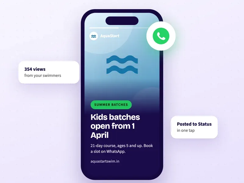 A WhatsApp Status post for a swimming school with summer batches open
